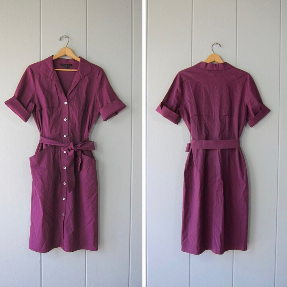 Lafayette 148 Vintage Dark Purple Linen & Cotton Shirtdress